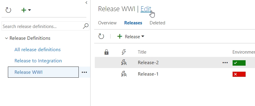 In the left pane, under Release definitions, Release WWI is selected. In the right, Edit pane, on the Release tab, under Release, Release-2 is selected.